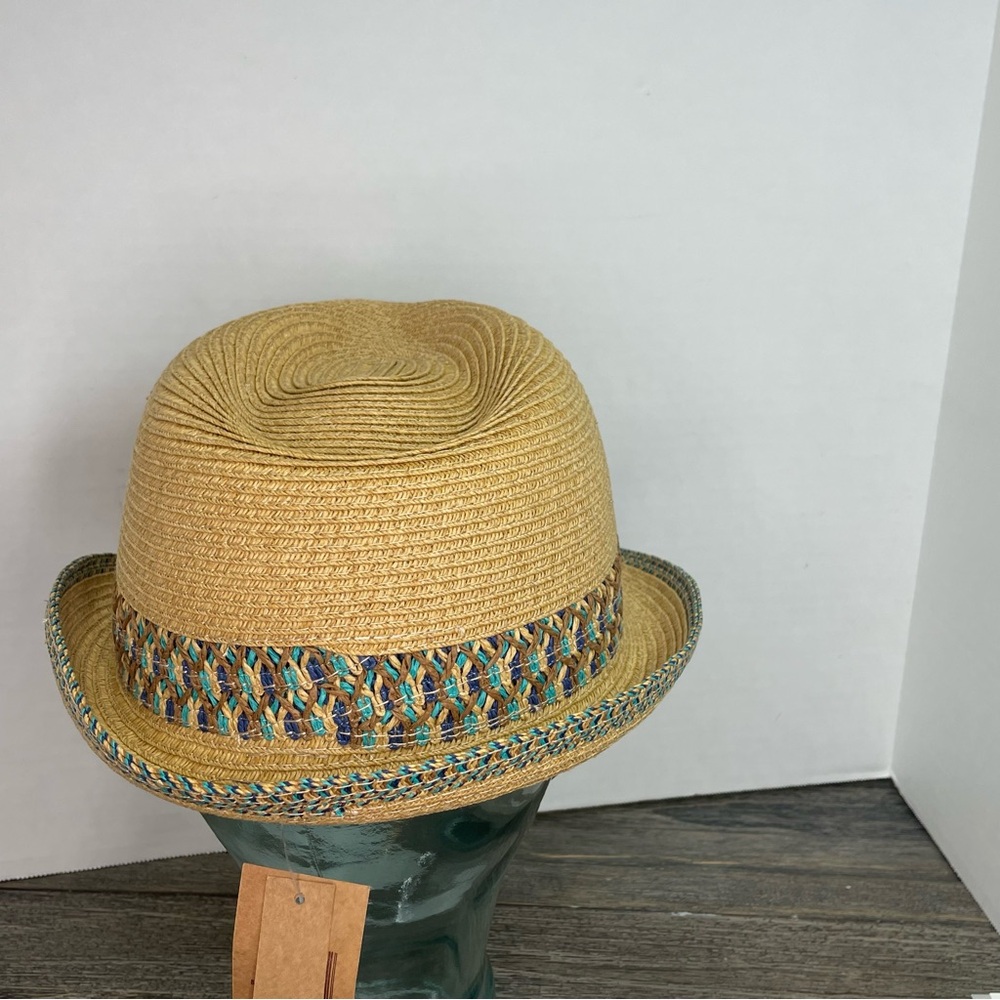 C.C Straw Fedora Hat with Turquoise and Purple Trim - Picture 5 of 11